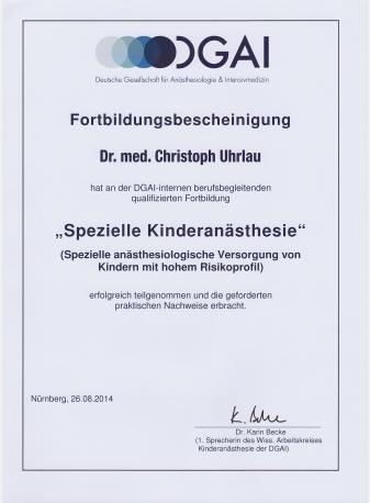 Zertifikat spezielle Kinderanästhesie